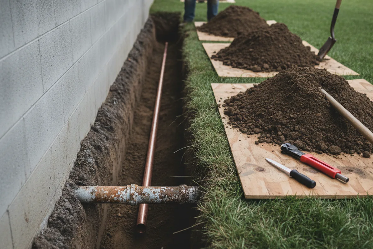Excavated water line trench during Water Softener Installation in Derby Line